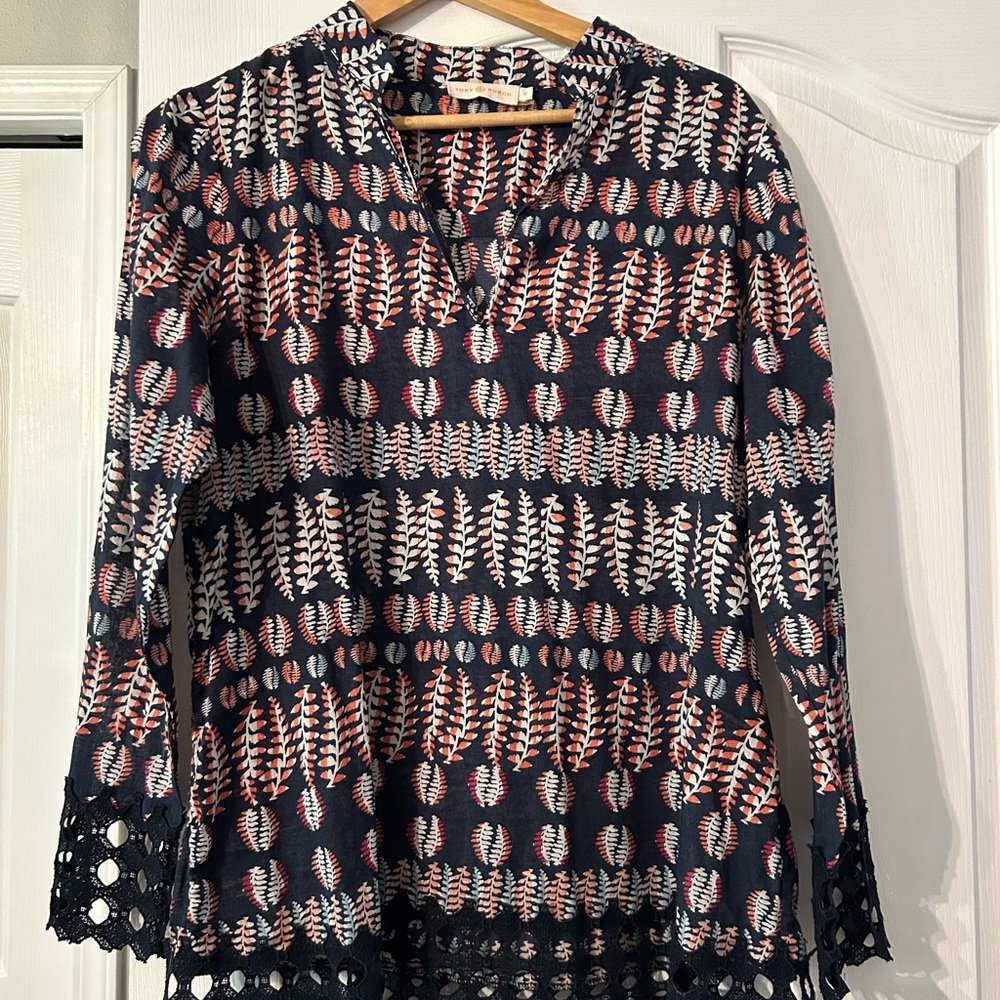 Tory Burch Blue and Pink Graphic Tunic with Mandarin Collar